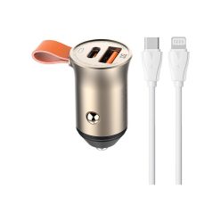   Autós töltő LDNIO C509Q, USB + USB-C, 30W + kábel USB-C - Lightning (arany)