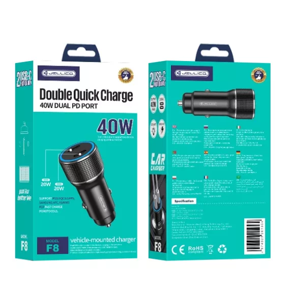 JELLICO autóstöltő adapter F8 PD 40W 2xUSB-C fekete