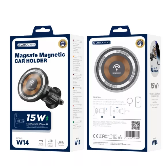 JELLICO Magsafe autos tartó - Wireless töltővel - W14 15W - Fekete