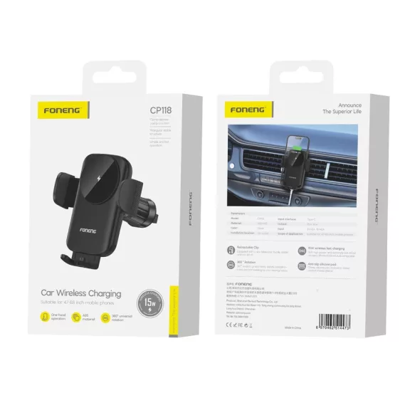 FONENG Szellőzőrácsos autós tartó - Wireless töltővel - CP118 15W - Fekete