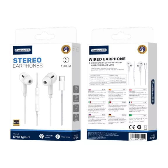 JELLICO Vezetékes Fülhallgató EP3A USB - C Csatlakozóval, Mikrofonnal 1.2M Fehér
