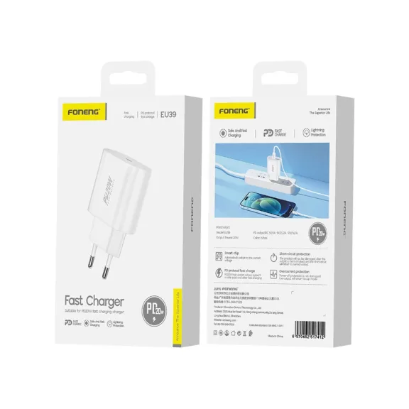 FONENG hálózati töltő adapterr EU39 PD 20W 1xUSB-C  fehér