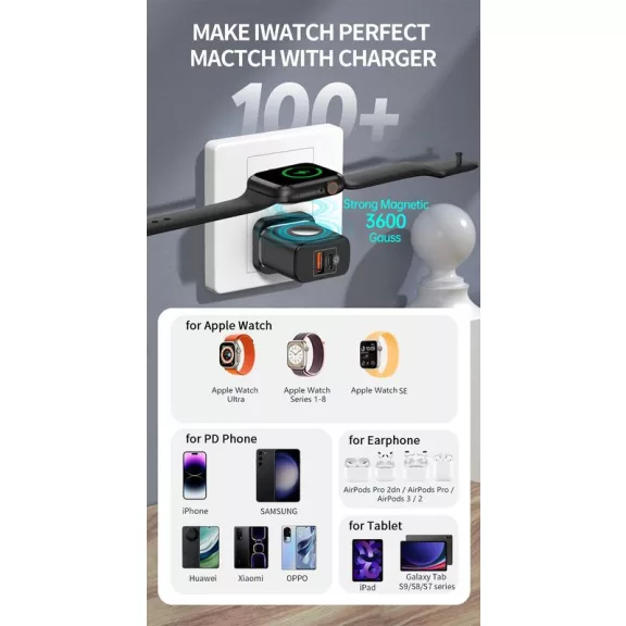 T-PHOX T-PP20 hálózati adapter GAN iWATCH vezeték nélküli töltővel 3IN1 fehér