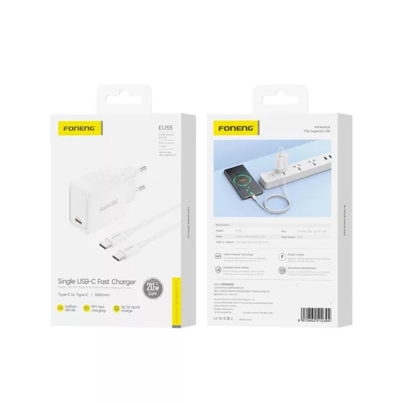 FONENG hálózati töltő EU55 GaN PD 20W 1xUSB-C + USB-C - USB-C adatkábel fehér