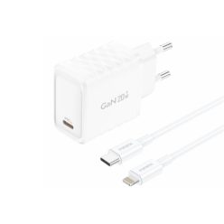   FONENG hálózati töltő EU55 GaN PD 20W 1xUSB-C + USB-C - Lightning adatkábel fehér
