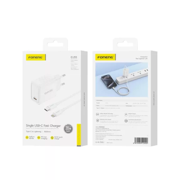 FONENG hálózati töltő EU55 GaN PD 20W 1xUSB-C + USB-C - Lightning adatkábel fehér