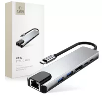   Tech-Protect HB02 HUB adapter  6in1 type-C + USB2.0 + USB3.0 + HDMI 4K 30HZ + RJ45 + PD100W - Szürke
