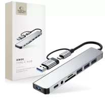   Tech-Protect HB0 HUB adapter 8in1 type-C + USB2.0 + USB3.0 + SD/TF + AV3.5 - szürke