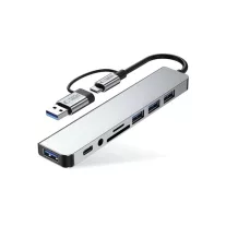   Tech-Protect HB0 HUB adapter 8in1 type-C + USB2.0 + USB3.0 + SD/TF + AV3.5 - szürke