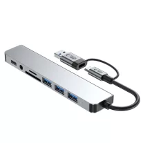   Tech-Protect HB0 HUB adapter 8in1 type-C + USB2.0 + USB3.0 + SD/TF + AV3.5 - szürke