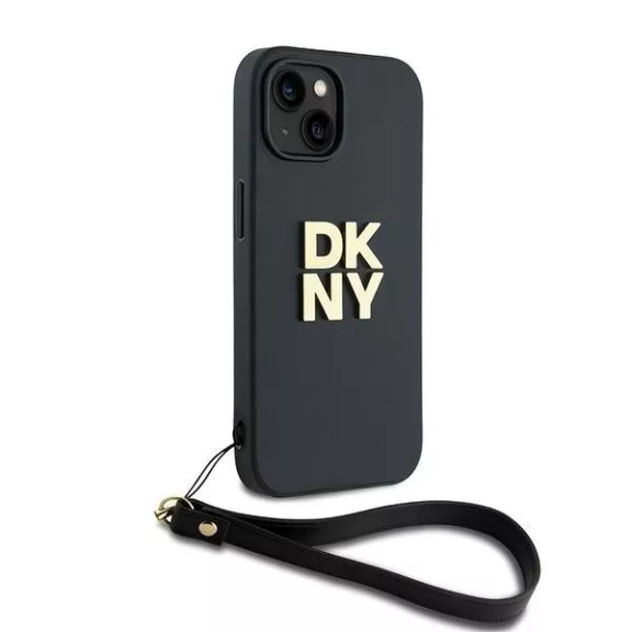 DKNY leather stack logo wrist strap - iPhone 14 tok - fekete
