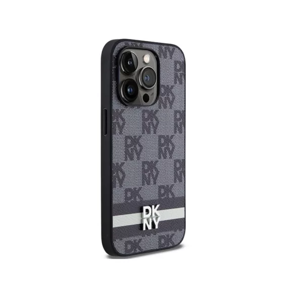 DKNY leather checkered pattern and stripe - iPhone 14 Pro tok - fekete 