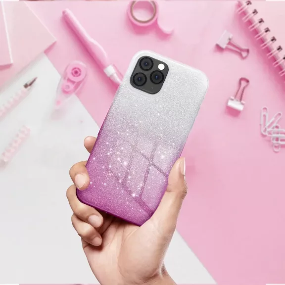 Csillogós iPhone 15 Pro szilikon tok - Ezüst/Rózsaszín