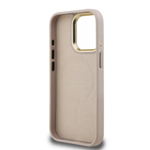 Guess 4G Strass Triangle Logo Stand Camera Frame MagSafe - iPhone 15 Pro tok - Rózsaszín