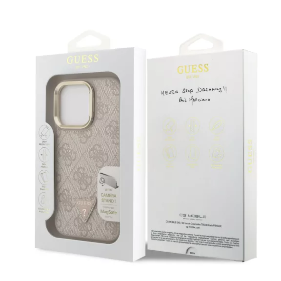 Guess 4G Strass Triangle Logo Stand Camera Frame MagSafe - iPhone 15 Pro tok - Rózsaszín