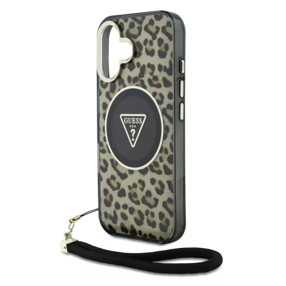 Guess Leopard Triangle Logo Strap MagSafe - iPhone 16 tok - Barna