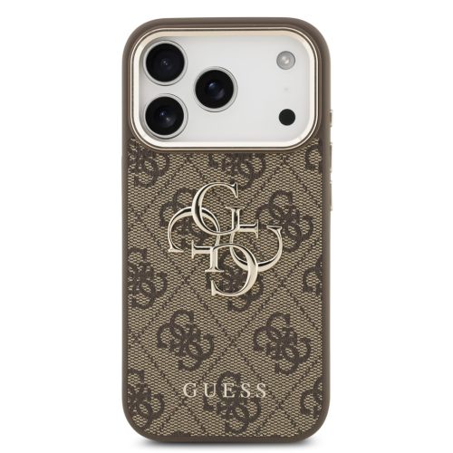 Guess Leather 4G Metal Logo Gold Frame - iPhone 17 Pro tok - Barna
