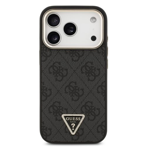 Guess Leather 4G Strass Triangle Logo Gold Frame MagSafe - iPhone 17 Pro tok - Fekete