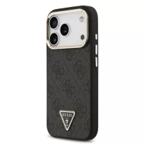   Guess Leather 4G Strass Triangle Logo Gold Frame MagSafe - iPhone 17 Pro tok - Fekete