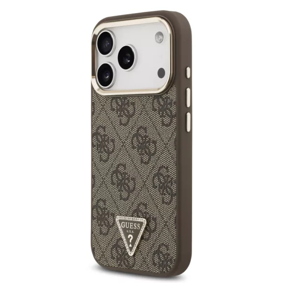 Guess Leather 4G Strass Triangle Logo Gold Frame MagSafe - iPhone 17 Pro tok - Barna