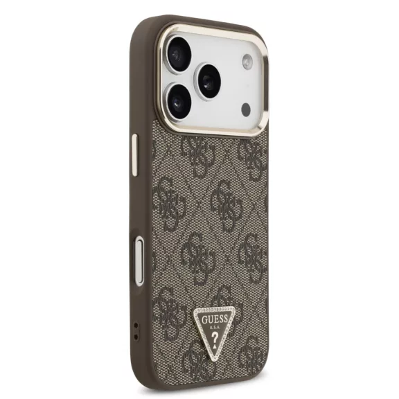 Guess Leather 4G Strass Triangle Logo Gold Frame MagSafe - iPhone 17 Pro tok - Barna