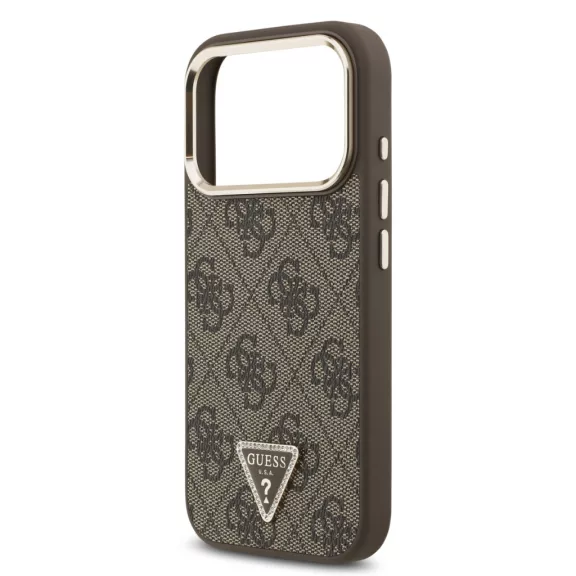 Guess Leather 4G Strass Triangle Logo Gold Frame MagSafe - iPhone 17 Pro tok - Barna