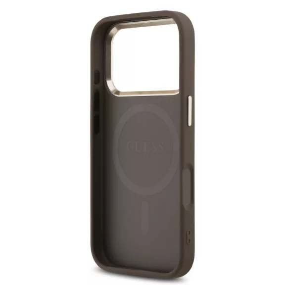 Guess Leather 4G Strass Triangle Logo Gold Frame MagSafe - iPhone 17 Pro tok - Barna