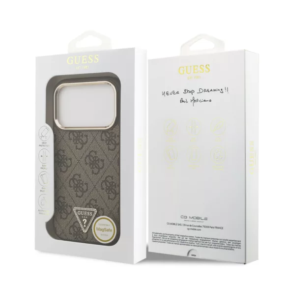 Guess Leather 4G Strass Triangle Logo Gold Frame MagSafe - iPhone 17 Pro tok - Barna