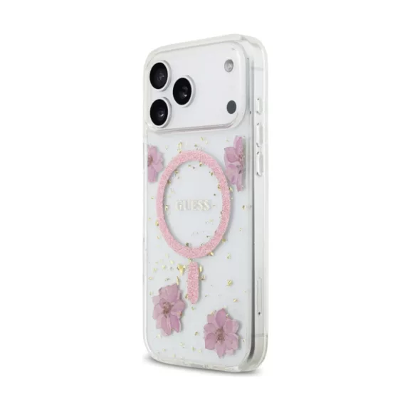 Guess Resin Flowers Glitter MagSafe - iPhone 17 Pro tok - Rózsaszín