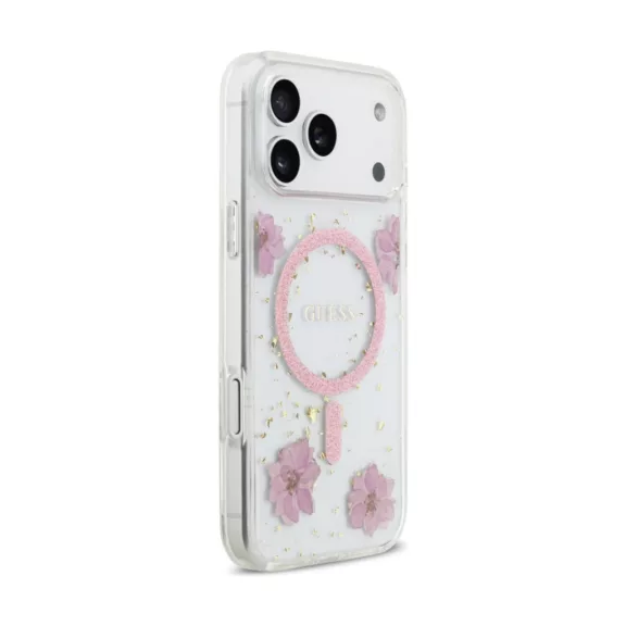 Guess Resin Flowers Glitter MagSafe - iPhone 17 Pro tok - Rózsaszín