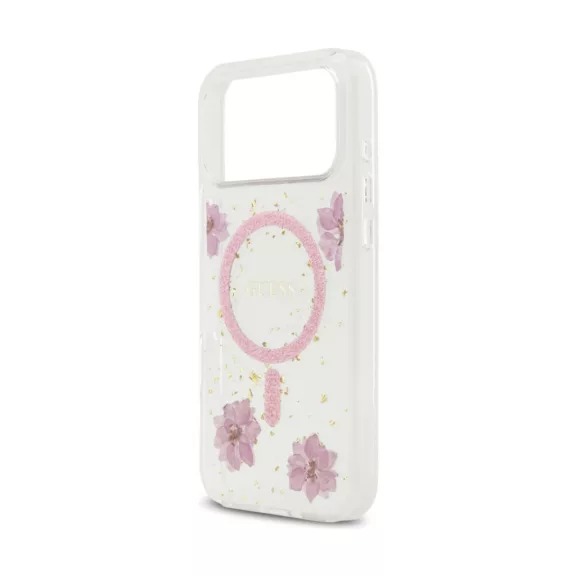 Guess Resin Flowers Glitter MagSafe - iPhone 17 Pro tok - Rózsaszín