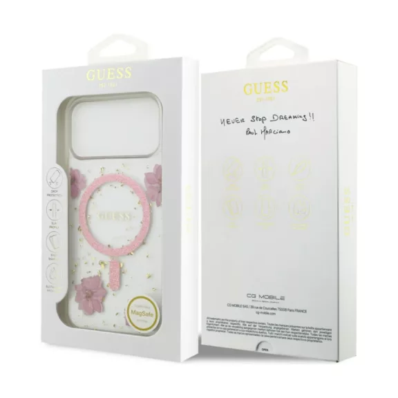 Guess Resin Flowers Glitter MagSafe - iPhone 17 Pro tok - Rózsaszín