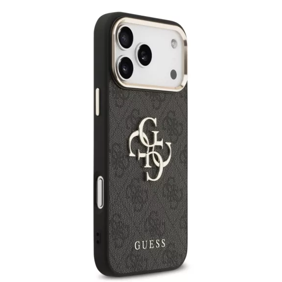 Guess Leather 4G Metal Logo Gold Frame - iPhone 17 Pro Max tok - Fekete