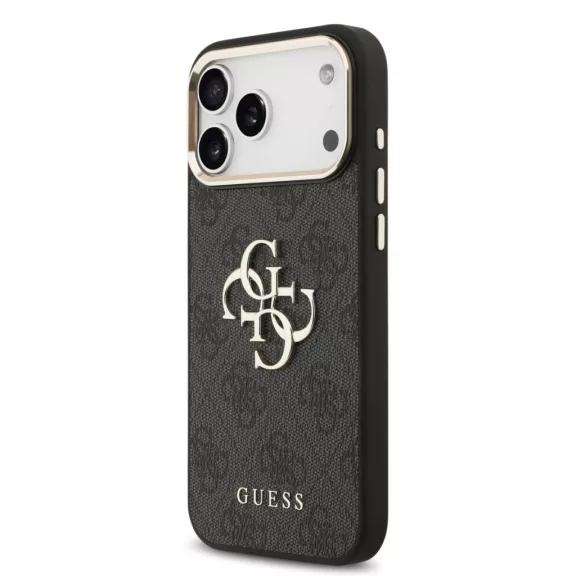 Guess Leather 4G Metal Logo Gold Frame - iPhone 17 Pro Max tok - Fekete
