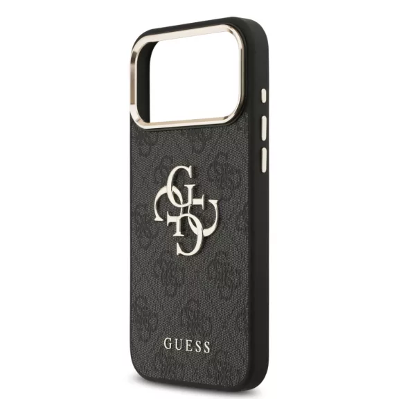 Guess Leather 4G Metal Logo Gold Frame - iPhone 17 Pro Max tok - Fekete