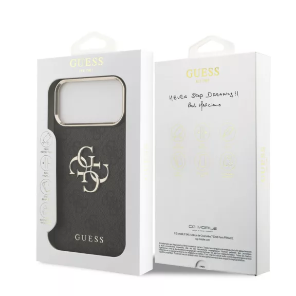 Guess Leather 4G Metal Logo Gold Frame - iPhone 17 Pro Max tok - Fekete