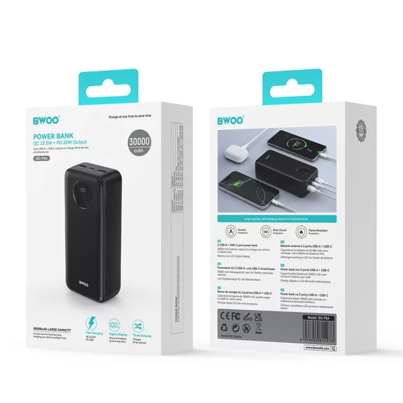 BWOO 22,5W 30000 mAh Powerbank LCD kijelzővel - Fekete