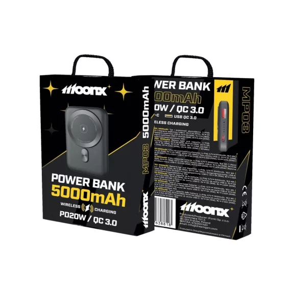 MOONX Magnetic Wireless Powerbank MP03 PD 20W 1xUSB-C + 1xUSB QC3.0 22.5W 5000mAh - Fekete