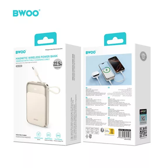 BWOO P80 mágneses powerbank 10000mAh 20W kábellel és kijelzővel arany