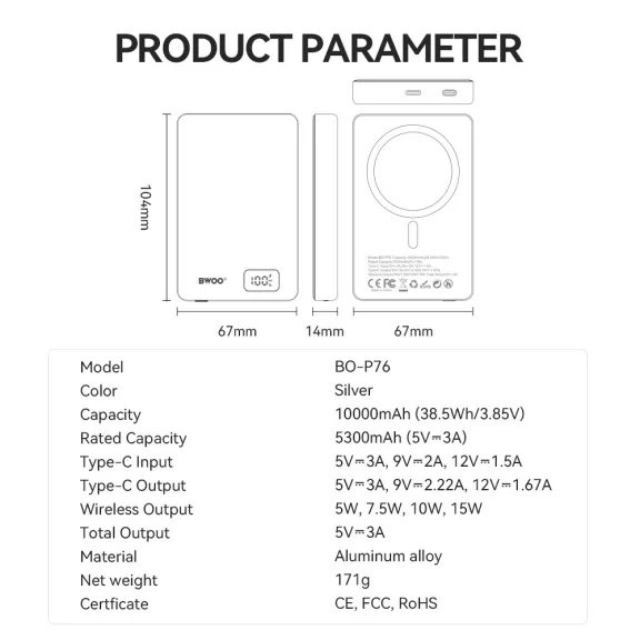BWOO P76 ultra vékony MagSafe powerbank 10000 mAh 20W
