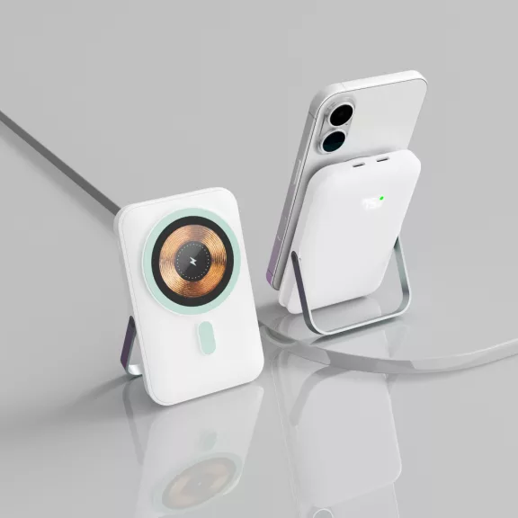 Qualo MagSafe Powerbank 10000 mAh LED kijelzővel és kitámasztóval - Fehér