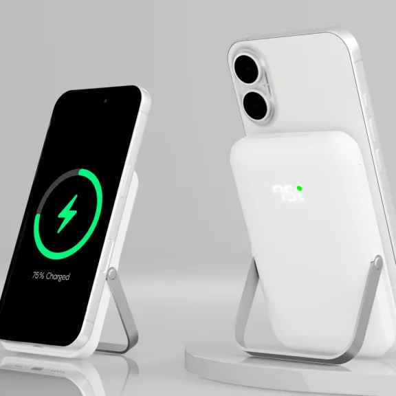 Qualo MagSafe Powerbank 10000 mAh LED kijelzővel és kitámasztóval - Fehér
