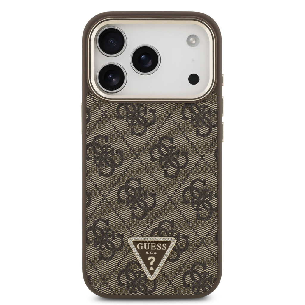 Guess Leather 4G Strass Triangle Logo Gold Frame MagSafe - iPhone 17 Pro tok - Barna